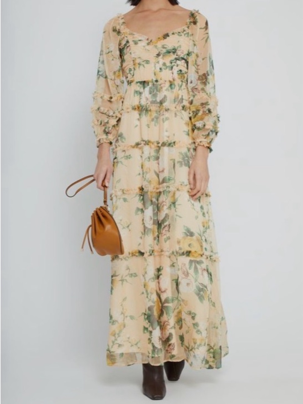 Sheer Floral Tiered Maxi Dress in Cream